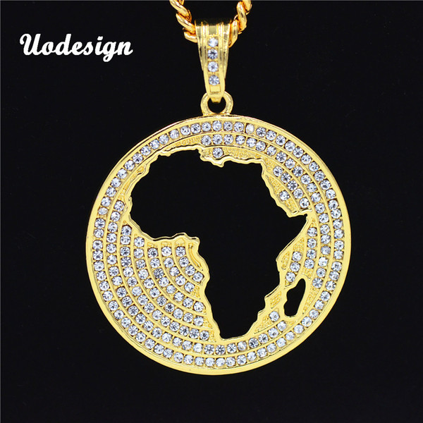 Uodesign New Fashion Round Crystal Hollow Africa Map pendant Hip hop Necklace Jewelry 30inch cuban chain HP126