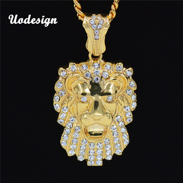 Uodesign Hip Hop Lion Head Pendant Necklace For Men Luxury Iced Out Rhinestone Lion Crystal Male Jewelry Friendship Gift