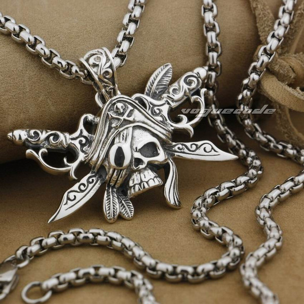 LINSION Pirate Skull Pendant 925 Sterling Silver Swords Hat Mens Biker Pendant 9J021 Stainless Steel Necklace 24 inches