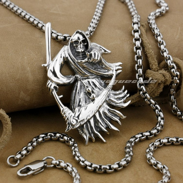 LINSION 925 Sterling Silver Large Grim Reaper Scythe Death Mens Biker Rock Punk Pendant 9H012 Stainless Steel Necklace 24 inches