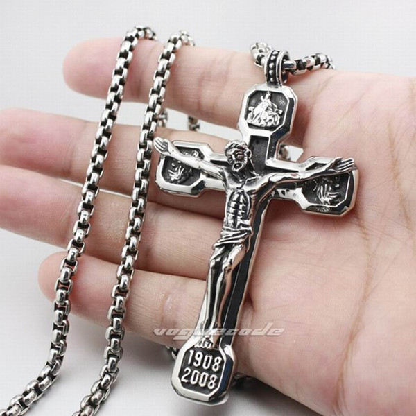 LINSION Huge Heavy 316L Stainless Steel Jesus Crucifix Cross Pendant Mens Biker Punk Style 3V001 Steel Necklace 24inch