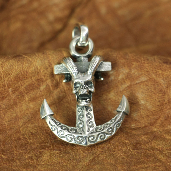 LINSION 925 Sterling Silver Devil Skull Anchor Pendant Mens Biker Punk Pendant TA142 JP