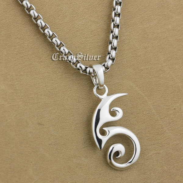 LINSION 925 Sterling Silver Spiral Fire Mens Biker Punk Pendant 9V017 Stainless Steel Necklace 24 inches