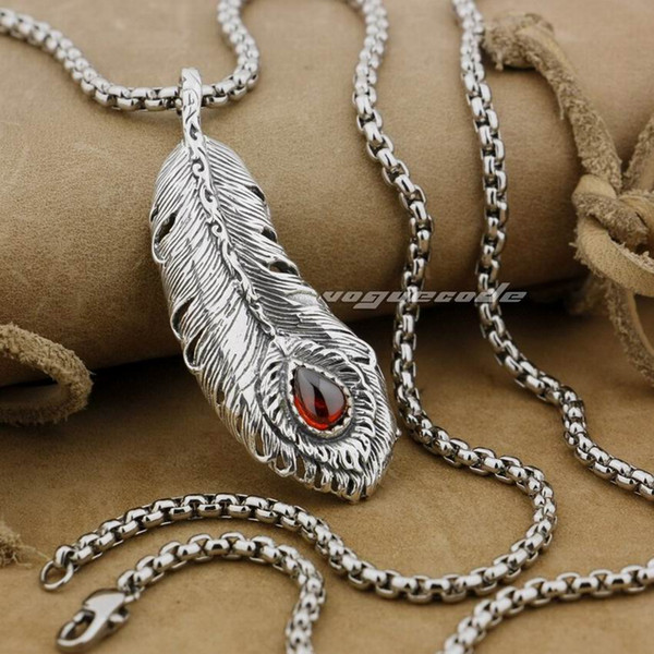 LINSION Huge 925 Sterling Silver Feather Red CZ Mens Biker Pendant 9J003 Stainless Steel Necklace 24 inches