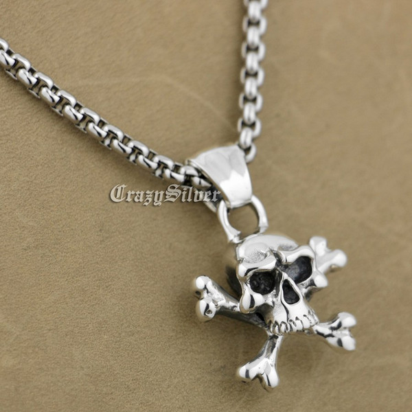 LINSION 925 Sterling Silver Pirate Skull Bone Biker Pendant 9S003 Stainless Steel Necklace 24 inches