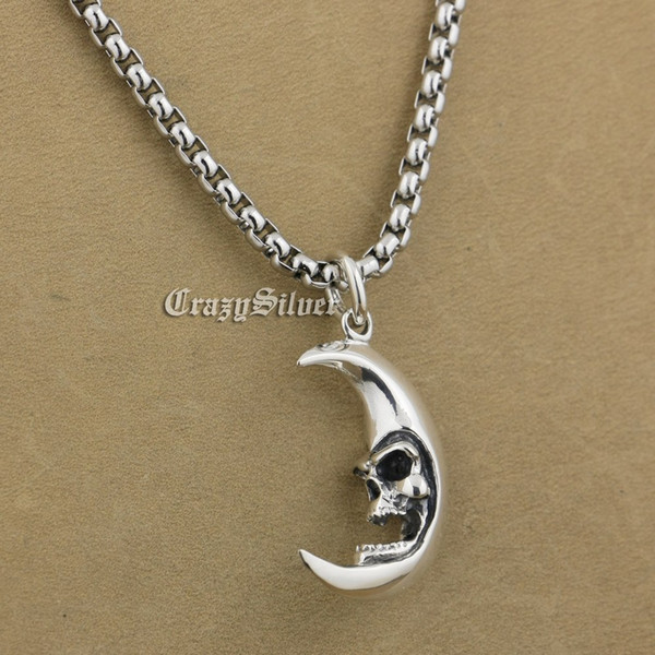 LINSION 925 Sterling Silver Crescent Moon Skull Mens Biker Pendant 9V010 Stainless Steel Necklace 24 inches