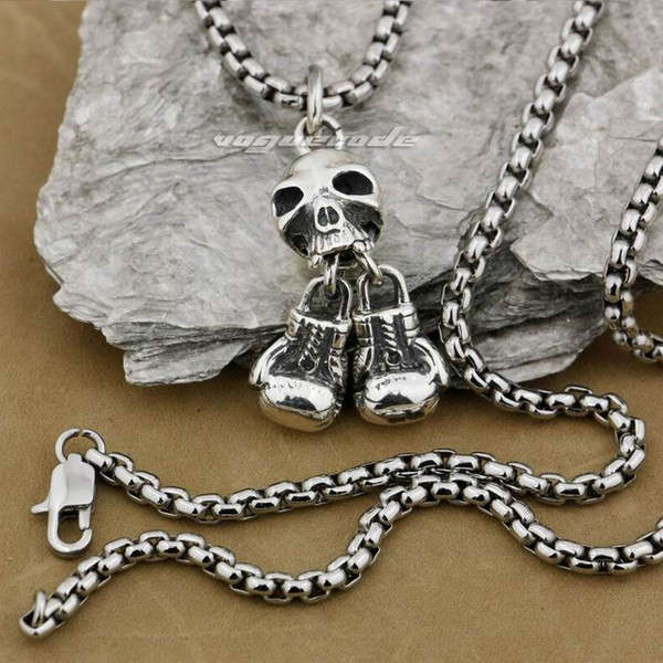 LINSION 925 Sterling Silver Boxing Gloves Skeleton Skull Mens Biker Pendant 9E004 Stainless Steel Necklace 24 inches