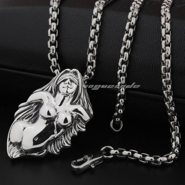 LINSION 925 Sterling Silver Erotic Sexy Naked Girl Pendant Biker Punk 8Q002 Stainless Steel Necklace 24 inches