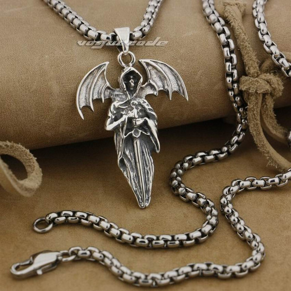 LINSION 925 Sterling Silver Death Wing Sword Mens Biker Punk Pendant 9E024 Stainless Steel Necklace 24 inches