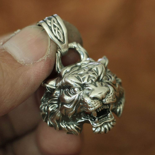 LINSION 925 Sterling Silver High Details Tiger Pendant Mens Biker Punk Pendant TA143 JP