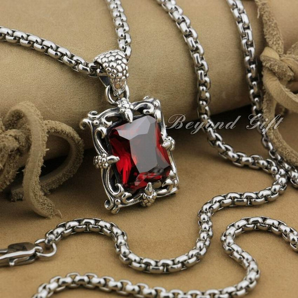 LINSION 925 Sterling Silver Dragon Claw Huge Red CZ Mens Biker Pendant 9R015 Stainless Steel Necklace 24 inches