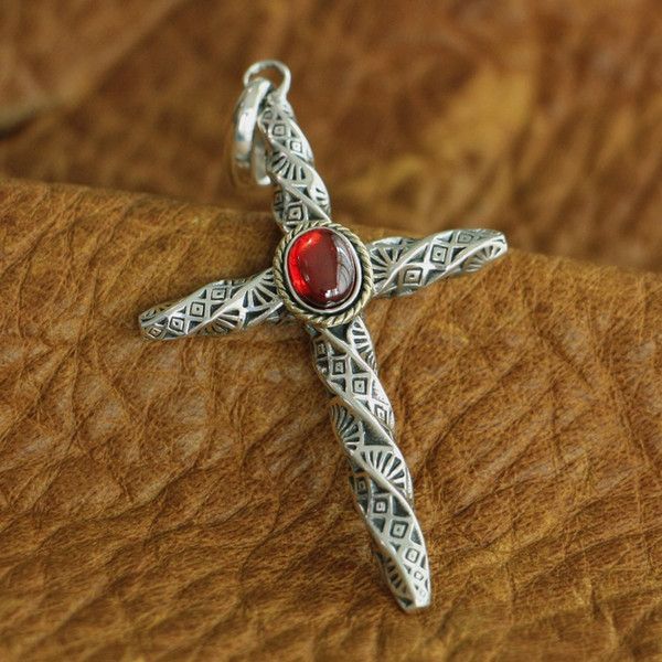 LINSION Red CZ 925 Sterling Silver Torsional Column Cross Mens Biker Pendant TA125 JP