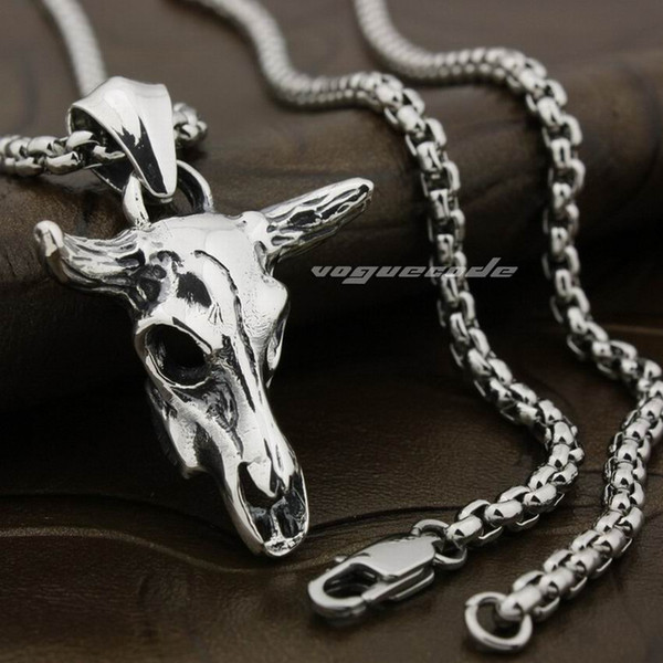 LINSION 925 Sterling Silver Charm Big Buffalo Skull Bull Horn Mens Biker Pendant 8P013 Stainless Steel Necklace 24 inches