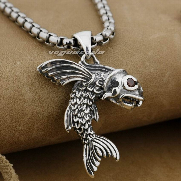 LINSION 925 Sterling Silver Flying Fish Red CZ Eyes Men Biker Pendant 9E017 Stainless Steel Necklace 24 inches