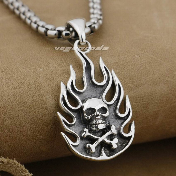 LINSION 925 Sterling Silver Fire Skull Bone Mens Biker Pendant 9E016 Stainless Steel Necklace 24 inches