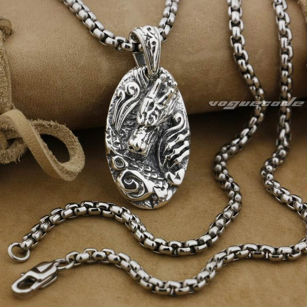 LINSION 925 Sterling Silver Dragon Tag Mens Biker Punk Pendant 9E013 Stainless Steel Necklace 24 inches