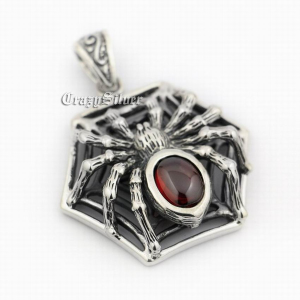 LINSION Huge 925 Sterling Silver Red CZ Spider On Net Mens Biker Pendant 9R023 JP