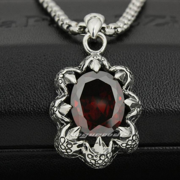 LINSION 925 Sterling Silver Red CZ Dragon Claw Mens Biker Punk Pendant 8P012 Stainless Steel Necklace 24 inches