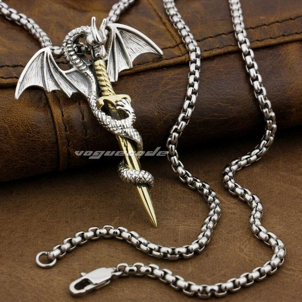 LINSION 925 Sterling Silver Flying Dragon Brass Sword Mens Biker Pendant 8P027 Steel Necklace 24 inches