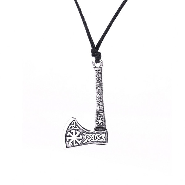 Lemegeton Odins Symbol Axes Zinc Alloy Pendant Necklace Mixed Type Wax Cord Chain Wiccan Jewelry 2018 New Mens Viking Necklace