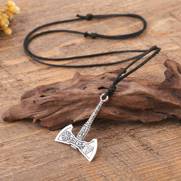 lemegeton Vintage Valknut with Runic alphabets Amulet Axe Pendant Necklace Antique Silver Norse Viking Jewelry Fishhook