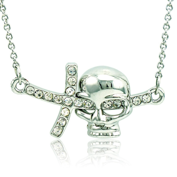 Brand New Pendant Necklace Fashion White Rhinestone Skull Cross Charms Silver Plated Necklace For Men Jewelry