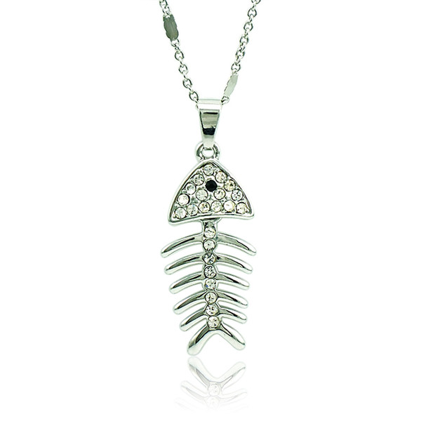 Brand New Fashion Pendant Necklace White Rhinestone Fishbone Charms Silver Plated Link Chain Necklace For Men Jewelry