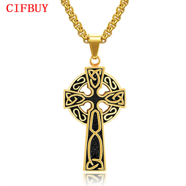 CIFBUY Hip Hop Cross Pendant Necklace For Men Gold Color Stainless Steel 60CM Box Link Chain Male Gift Dropshipping GX1224