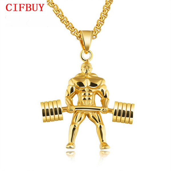 Punk Dumbbells Weightlifting Pendant Necklaces For Men 3 Colors Stainless Steel Box Chain Male Hercules Championship GX1218