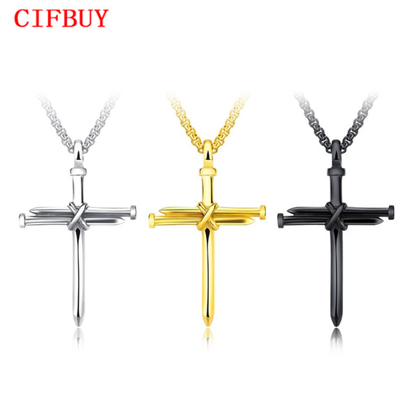 CIFBUY Religious Nail Cross Necklace For Men Jesus Christ Pendants Gold Color Stainless Steel Box Link Chain Male Gift GX1258