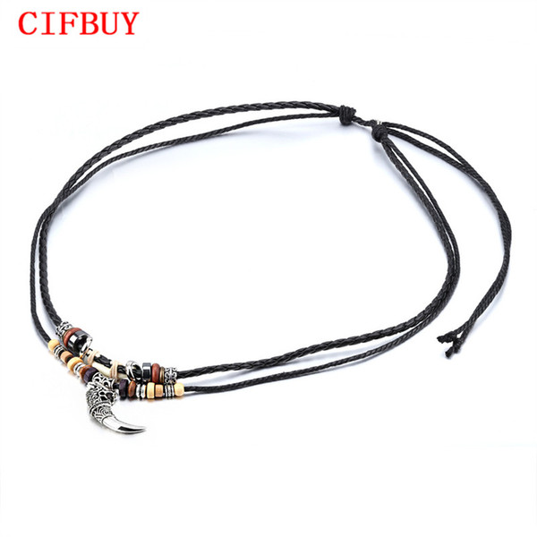 CIFBUY Ethnic Leather Necklace For Men Wolf Fang Pendant Handmade Braided Rope Tibetan Beads Male Tribe Tooth Jewelry PX022