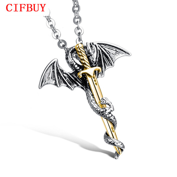 Personality Dragon & Sword Man Pendant Necklaces Punk Silver/ Gold Color Stainless Steel Men Jewelry Free Link Chain GX937J