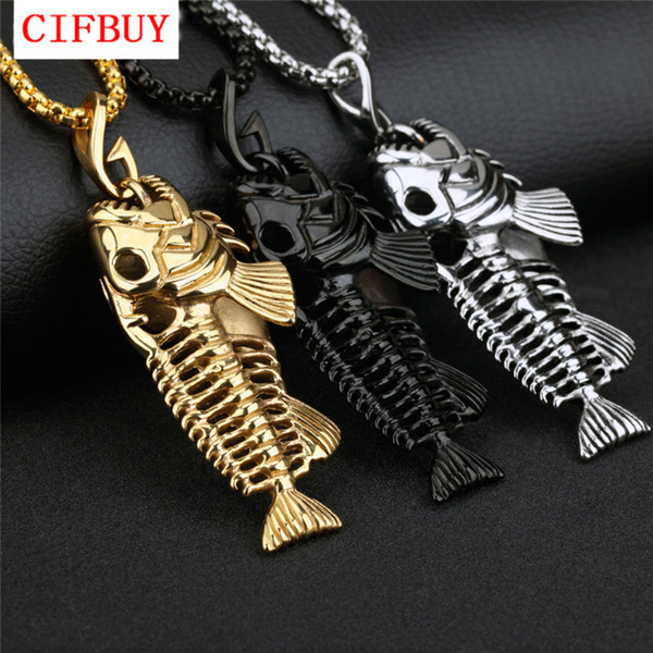 Fish Bone & Fishing Hook Pendant Necklaces Punk Style Men 316L Steel Link Chain 3 Colors Personality Jewelry GX1073