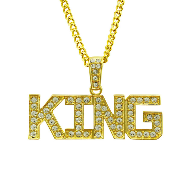 Punk Hip Hop 14K Gold Cuban Link Chain Crystal King Letter Pendant Necklace Men Jewelry CX644