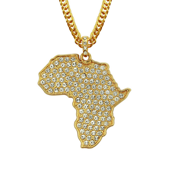 18k Gold African Map Crystal Pendant Necklace for Men Gold Chain Necklace Hip Hop Jewelry CX646