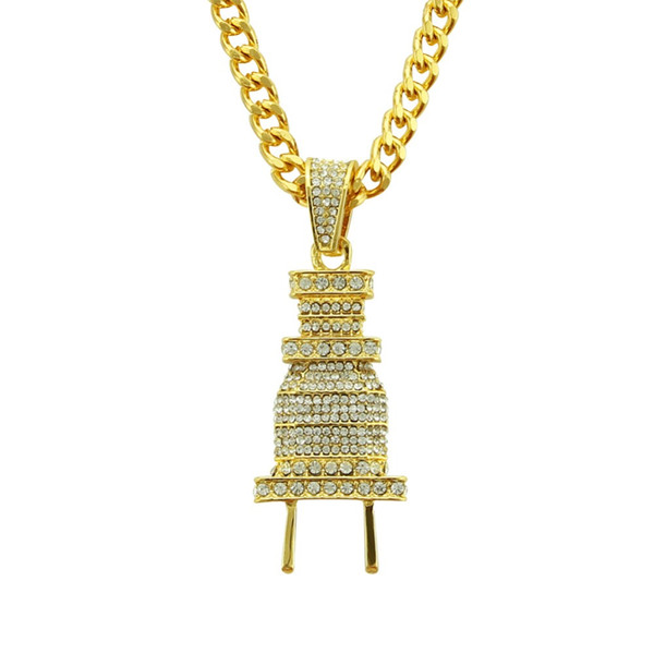 Punk Alloy Crystal Plug Pendant Necklace Men Personality Gold Cuban Link Chain Hip Hop Jewelry Party Gift CX656