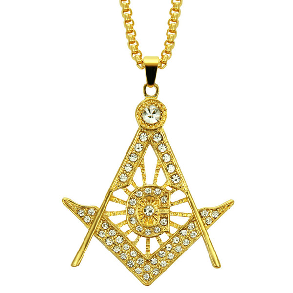 Mens Cubic Zirconia Freemason Symbol Masonic Stainless Steel Hip Hop Jewelry Men Crystal Pendant Necklace With 30 inch Chain CX647