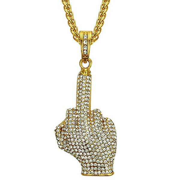 Punk Hip Hop Cuban Link Chain 14K Gold Plated CZ Crystal Fully Iced-Out Finger Pendant Necklace Men Jewelry CX643