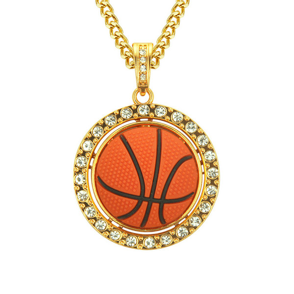 Punk Hip Hop Alloy Gold Cuban Link Chain Rotating Basketball Crystal Pendant Necklace Men Jewelry Gifts CX661