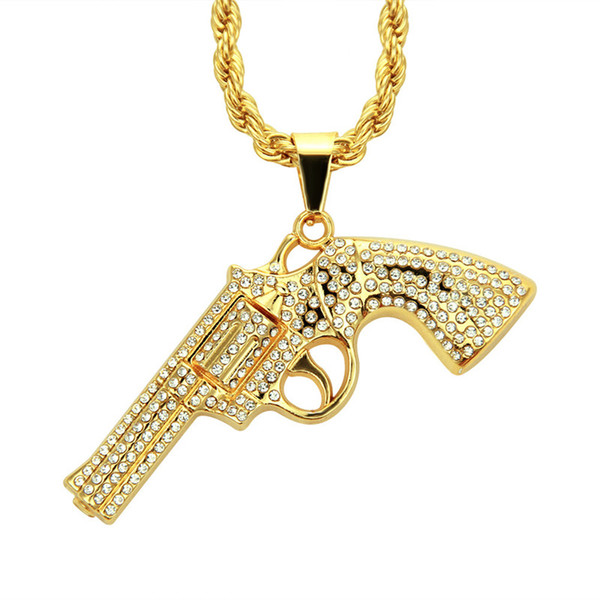 Punk Hip Hop Alloy Gold Cuban Chain Gun Pistol Crystal Pendant Necklace Men Jewelry Gifts Domineering CX662