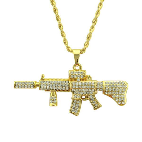 Mini AK47 Crystal Pendant Necklace Men Jewelry Individuality Punk Hip Hop Alloy Gold Cuban Chain Gifts CX665