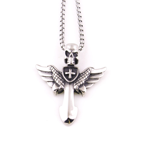 European and American vintage stainless steel man angel wing cross pendant necklace personality titanium steel skull head pendant