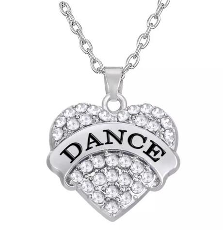 Hot Sale Rhodium Plated Message Pendant Zinc Alloy Alphabet DANCE Rhinestone Heart Charm Necklaces