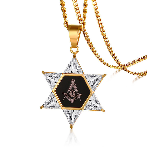 Hexagon Masonic Necklace Men Gold Color Stainless Steel Chains Freemason Masonry Pendant Neck Lace Casual Jewelry for Rich Man Male Female