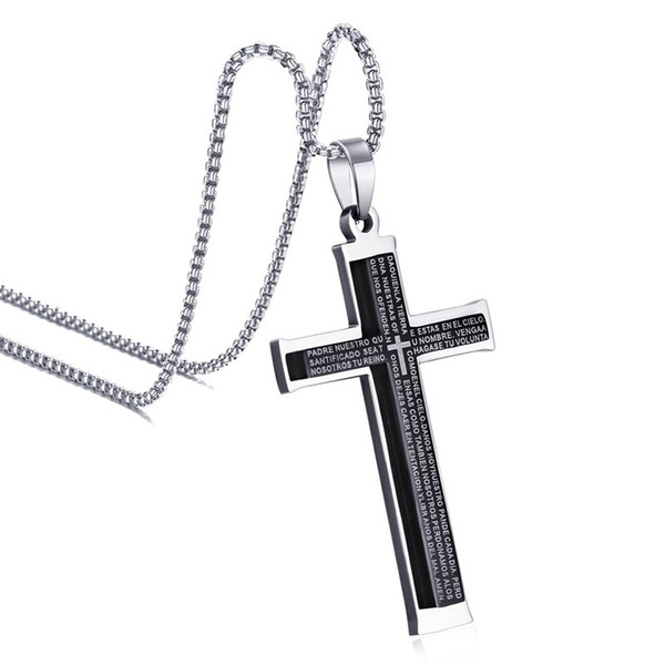 Cross Necklace Men Black Color Stainless Steel Jesus Christian Pendant Neck Lace 50cm Long Link Box Chains for Male Religious Lucky Jewelry