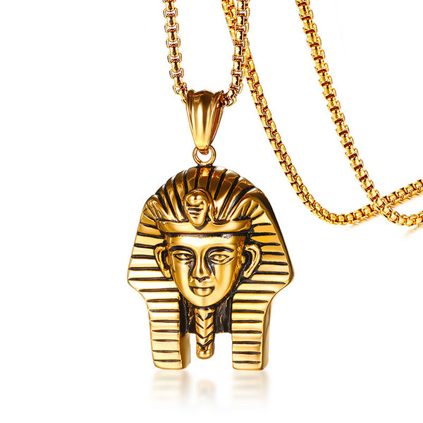 Ancient Egyptian Pharaoh Pendant Necklace Men Gold Color Stainless Steel Box Chains for Male Vintage Jewelry Religious Jewelery