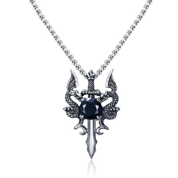 Men Dragon Guard Sword Pendant Necklace Stainless Steel Chains with Black Zircon Stone for Male Biker Vintage Fashion Jewelry Nice Gift