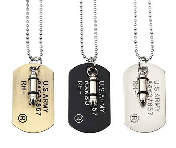 Black Bronze USA ARMY Bullet Dog Tag Necklace Rambo Necklaces Hip Hop Designer Necklace for Men Jewelry DROP SHIP 162264