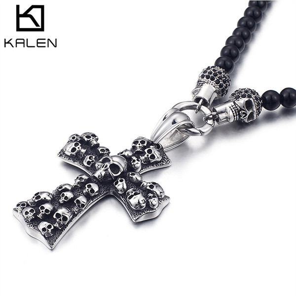 Chain Necklaces For Men 50cm Long African Glass Beads Punk Stainless Steel Skull Cross Pendant Necklaces Fashion Jewelry