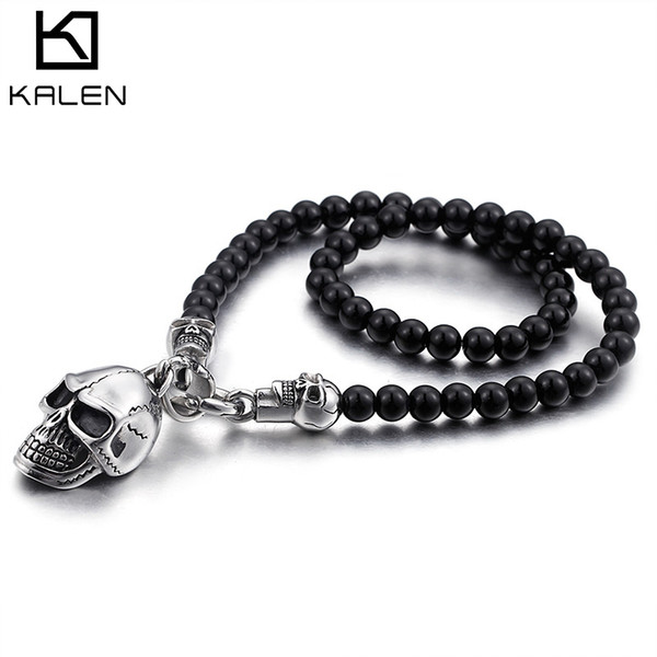 Chain Necklaces For Men 47cm Long African Glass Beads Punk Stainless Steel Skull Head Pendant Statement Necklaces Jewelry